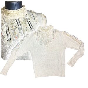 Vintage Ricki New York Cream Lace Trim Turtleneck Sweater Lolita Coquette Top